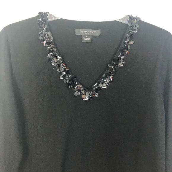 August Silk Blend V-Neck Long Sleeve Black Knit Sweater Size L - Picture 3 of 10